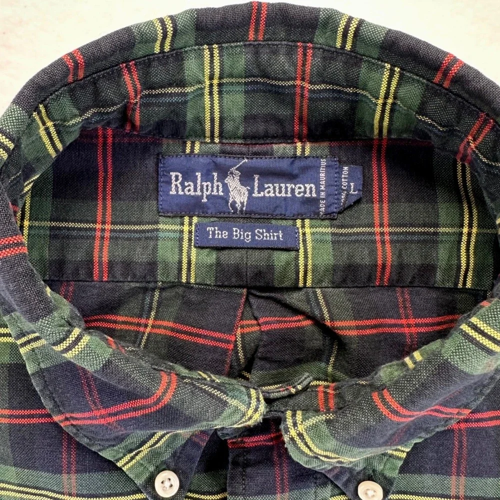 VTG Ralph Lauren The Big Shirt Mens Large Green Plaid Button Down Logo Crest